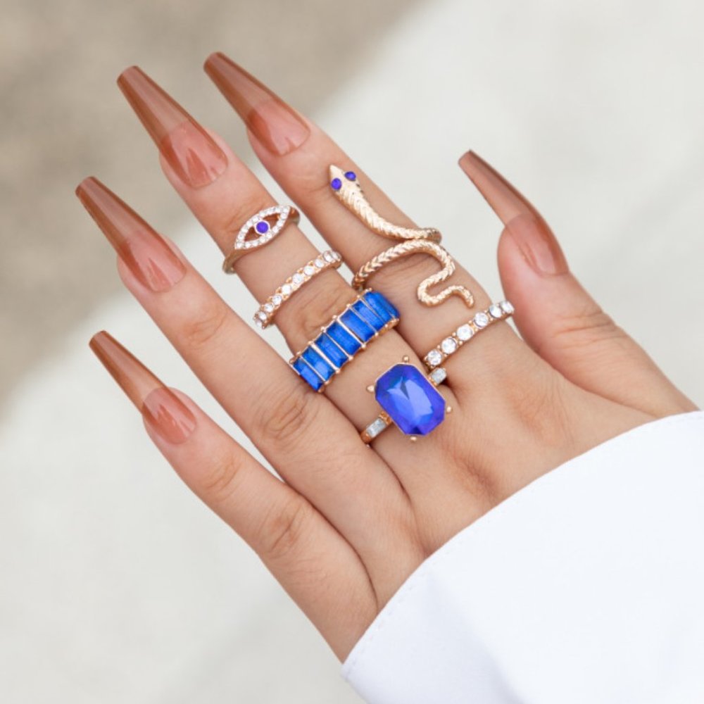 3/$35 6 Pcs Stackable Ring Joint Knuckle Set Blue Crystal Snake Gold Diamond